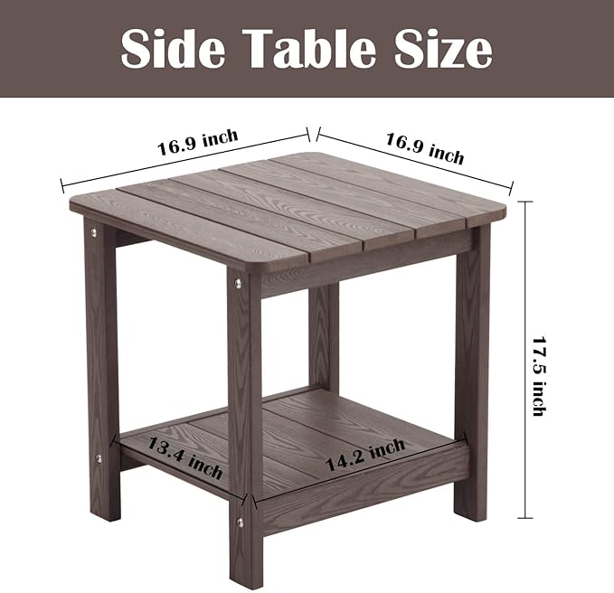 hOmeHua Weather Resistant Side Table, 17 inch Square 2-Layer Structure Wide Desktop, Imitation Wood Stripes, Easy to Assemble & Maintain, Suitable for All Indoor & Outdoor Places- Dark Brown