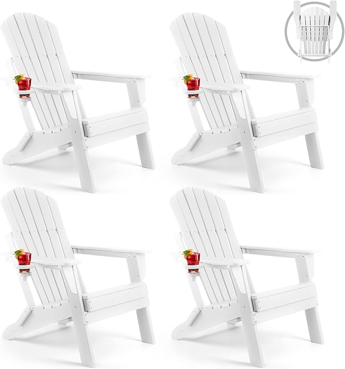 FUNBERRY Folding Adirondack Chair Set of 4, All Weather HDPE Fire Pit Chairs with Cup Holder for Outdoor - Photo 1
