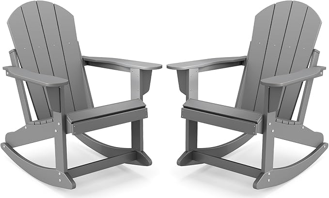 IVY&LANE Adirondack Rocking Chairs Set of 2 | Porch-Rocker | HDPE Plastic | Weatherproof | Grey | for Outdoor Patio Deck Backyard