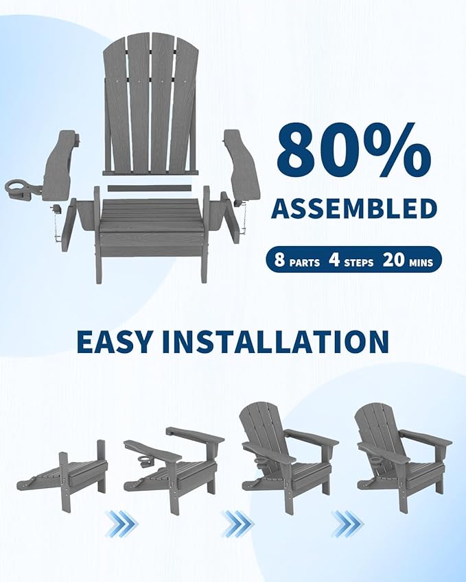 Garvee Folding Adirondack Chair Set of 2, HDPE Outdoor Patio Chair with Cup Holder, All Weather Resistent Wooden Textured for patios, Decks, Gardens, fire Pit, Grey