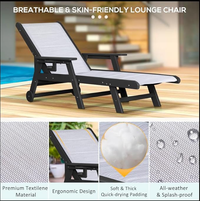 Outdoor Chaise Lounge Chair with Textilene Surface, 5-Position Adjustable Patio Lounge Chair with Wheels & Cup Holder, HDPE Pool Lounge Chair for Outside, Poolside & Beach (Black+White, 1)