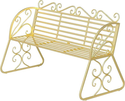 2-Seat Patio Porch Bench 45"，Outdoor Metal Garden Bench，Weather Proof Porch Path Chair，Patio Bench with Backrest and Armrests，Patio Bench for Lawn Path Yard Decor Deck Furniture(Gold)