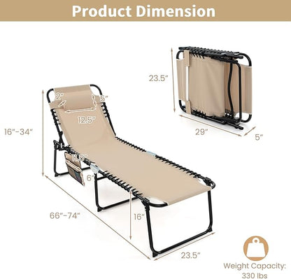 Tangkula Beach Lounge Chair for Outside, Folding Chaise Lounge Outdoor with 4-Position Backrest, Removable Headrest and Side Pocket, Portable Sunbathing Tanning Chair for Patio, Poolside (1, Beige)