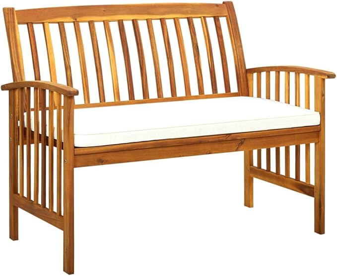 2-Seater Garden Bench with Cream White Cushion and Wood Tone, Rustic Patio Bench for Garden and Outdoor Seating