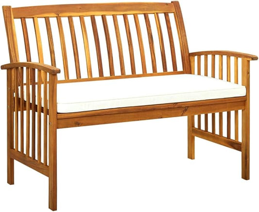 Garden Bench with Cream White Cushion and Wood Tone Frame, 2-Seater Solid Acacia Wood Outdoor Patio Bench for Relaxation, Durable Rustic Design with Removable Zip-Off Cover