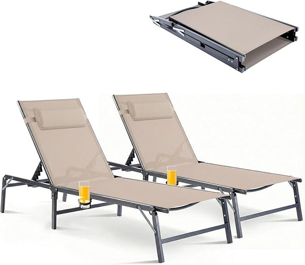 2 Pack Foldable Chaise Lounge Chair with Cup Holder - Photo 1