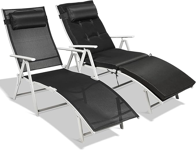 Giantex Chaise Lounge Chair for Outside, Pool Folding Reclining Beach Chair W/Removable Cushion&Headrest Pillow, Outdoor Lounge Chaise w/ 7 Backrest Positions, Portable Patio Lounger (2, Black)