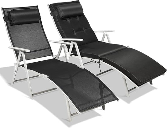 Giantex Chaise Lounge Chair for Outside, Pool Folding Reclining Beach Chair W/Removable Cushion&Headrest Pillow, Outdoor Lounge Chaise w/ 7 Backrest Positions, Portable Patio Lounger (2, Black)