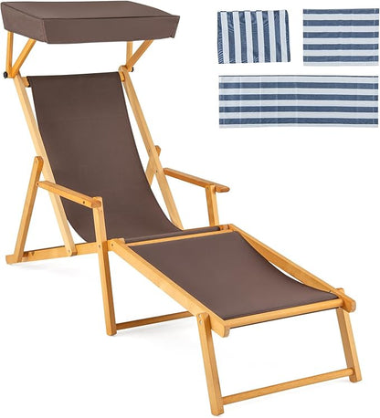 Giantex Lounge Chair Outdoor, Foldable Beach Chaise Lounge with Adjustable Canopy, Replacement Fabric, Wood Frame, Reclining Backrest & Footrest, Camping Chair for Patio, Poolside, Beach (1, Brown)