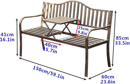 Metal Garden Bench, Patio Porch Furniture, All-Weather Outdoor Bench, Outdoor Benches with Foldable Small Table Plate(Bronze)