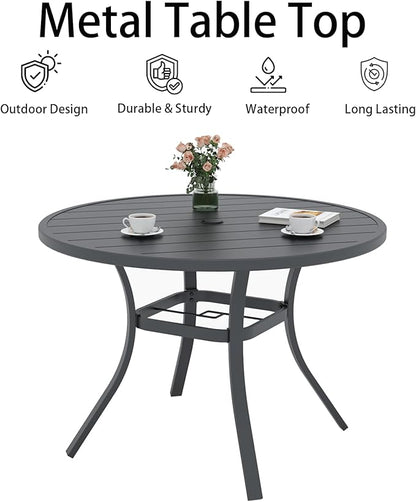 Round Outdoor Dining Table, 41-inch All-Weather Patio Table with Adjustable Umbrella Hole for Deck Lawn Garden Backyard Balcony Deck, Black Metal Frame Slatted Tabletop