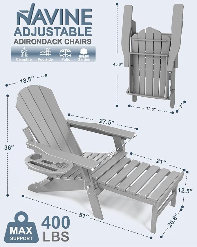 Adjustable Adirondack Chair with Retractable Ottoman Set of 2, HDPE Folding Adirondack Chair with Cup Holder - Photo 3