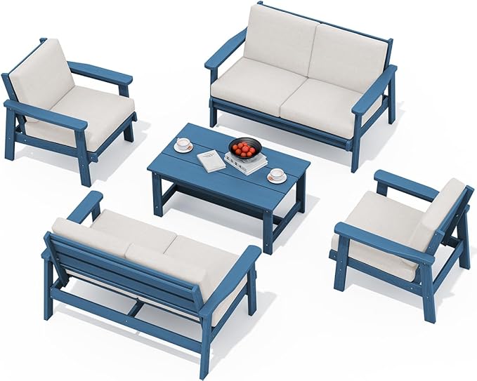 SERWALL HDPE Patio Furniture Set, 5 Piece All Weather Wood-Like Sectional Outdoor Furniture Set - Photo 1