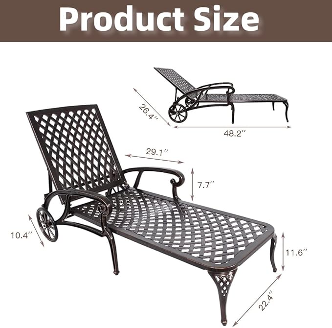 Chaise Outdoor Aluminum Lounge Chair with Wheels, 3-Position Adjustable Recliner Furniture Set for Poolside, Backyard and Patio (3pcs, Antique Bronze)