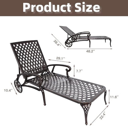 Chaise Outdoor Aluminum Lounge Chair with Wheels, 3-Position Adjustable Recliner Furniture Set for Poolside, Backyard and Patio (3pcs, Antique Bronze)