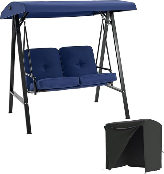 AECOJOY 2-Seat Outdoor Patio Swing Chair with Cover, Porch Swings Chairs for Adult, Outside Swing Bench with Adjustable Canopy&Removable Cushion, Blue