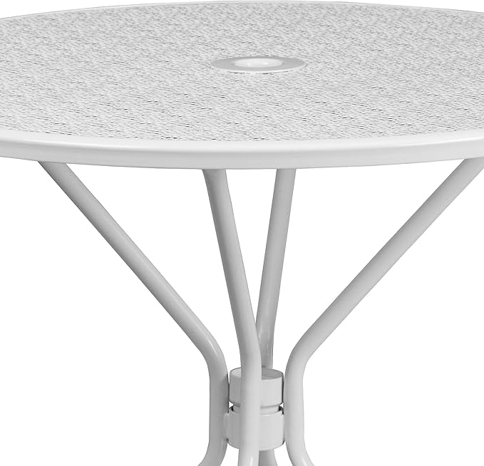Flash Furniture Oia Commercial Grade 35.25" Round White Indoor-Outdoor Steel Patio Table with Umbrella Hole