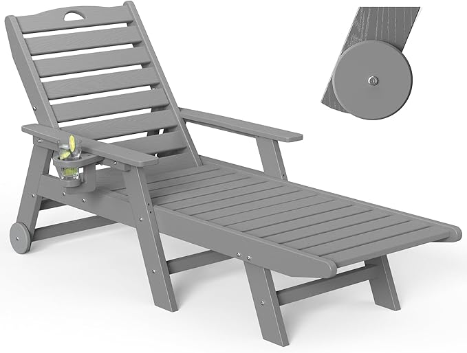 nalone Chaise Lounge Outdoor with 5-Position Adjustable Backrest, HDPE Lounge Chair for Outside Supports Up to 400 LBS, Pool Lounge Chairs for Patio Poolside Deck Beach Backyard (Grey)