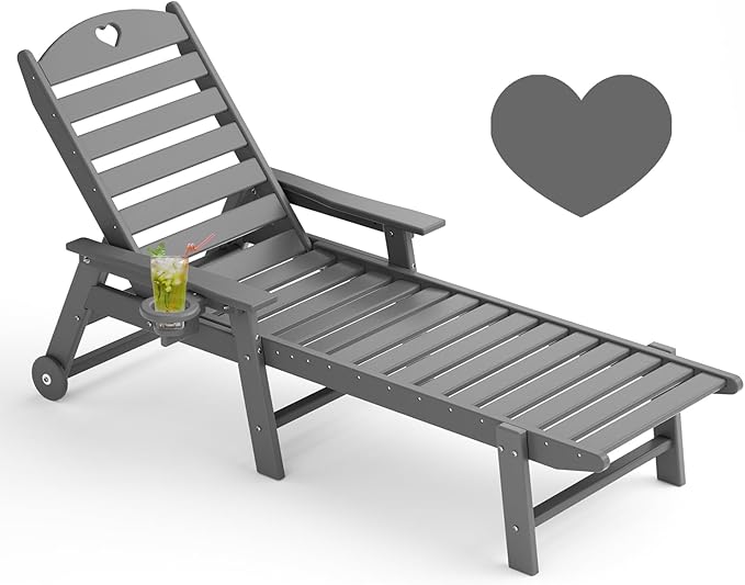 Aokia Pool Lounge Chairs,Chaise Lounge Chair Outdoor with Wheels & Cupholder | Oversize HDPE 6-Position Outdoor Chairs for Patio, Lawn, Garden, Poolside (Grey)