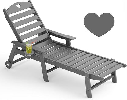 Aokia Pool Lounge Chairs,Chaise Lounge Chair Outdoor with Wheels & Cupholder | Oversize HDPE 6-Position Outdoor Chairs for Patio, Lawn, Garden, Poolside (Grey)