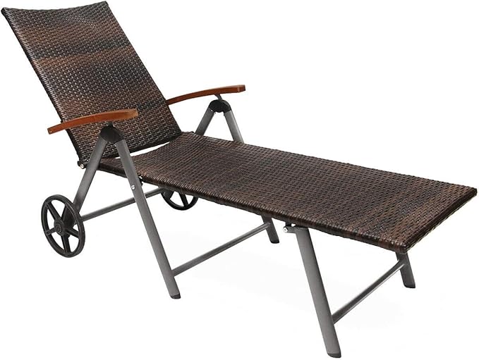 Outdoor Chaise Lounge with 2 Wheels for Easy Movement Folding Recliner 7 Adjustable Position Rattan Lounge Chair Heavy Duty Aluminum Tube Construction Perfect for Patio Garden Beach Pool Side Using