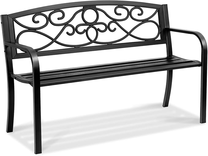 Happybuy 50-Inch Metal Outdoor Garden Bench, 550 lbs Load Capacity, Patio Bench with Backrest & Armrests, Durable Bench for Park, Yard, Garden, Porch