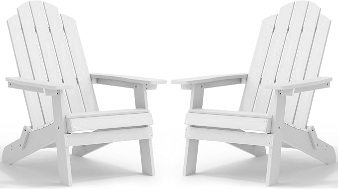 MXIMU Folding Adirondack Chair for Outdoor: Easy to Assemble and Comfortable Adirondack Chairs Set of 2 - All Weather Composite Plastic Chair for Outside Fire Pit Patio Lawn Garden Backyard Use(White)