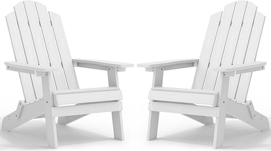 MXIMU Folding Adirondack Chair for Outdoor: Easy to Assemble and Comfortable Adirondack Chairs Set of 2 - All Weather Composite Plastic Chair for Outside Fire Pit Patio Lawn Garden Backyard Use(White)