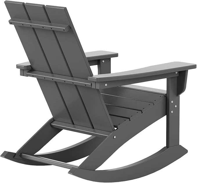 WestinTrends Ashore Patio Rocking Chair, All Weather Poly Lumber Plank Adirondack Rocker Chair, Modern Farmhouse Outdoor Rocking Chairs for Porch Garden Backyard and Indoor, Gray