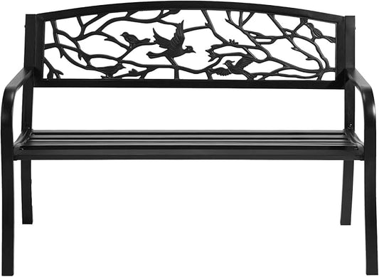 VINGLI Outdoor Bench for Patio Metal Garden Bench w/PVC Back Pattern, Black Park Benches Front Porch Benches for Yard Lawn Decor Deck Entryway (Black-Bird)