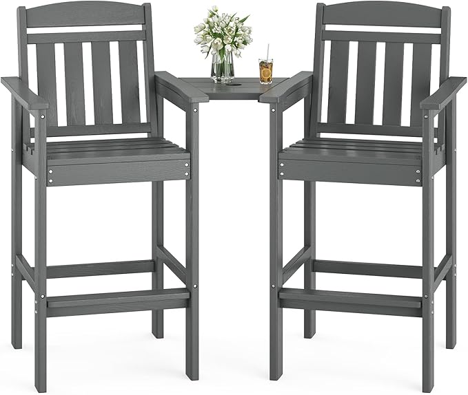 Soohow Tall Adirondack Chairs Set of 2, HDPE Adirondack Bar Stools with Connecting Tray, Bar Height Adirondack Chair Patio Barstool, Ideal All Weather Tall Patio Chair for Balcony, Poolside, Backyard