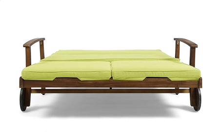 Christopher Knight Home Double Chaise Lounge Outdoor Patio Daybed with Adjustable Backrests, Acacia Wood Frame in Teak Finish, Water Resistant Green Cushions for Poolside Porch Deck
