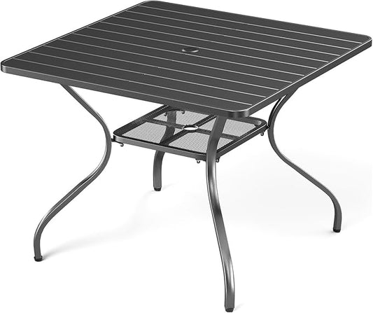 Rilyson Patio Tables Outdoor Dining Table - Metal Coffee Tables with 2-Tier Storage Shelf 1.57" Umbrella Hole for Outside Proch Deck Balcony Garden Rectangle