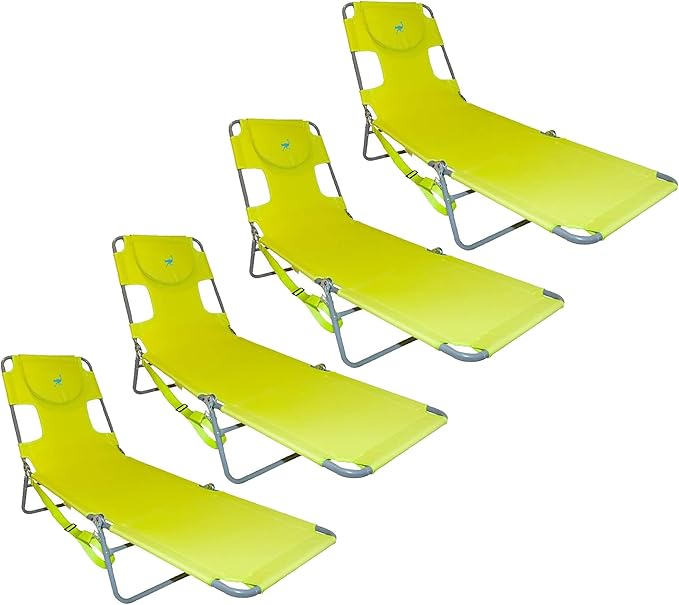 Ostrich Chaise Lounge Outdoor Portable Folding 3 Position Chair for Beach, Patio, Camp, and Pool with Carrying Strap, Neon Green (4 Pack)