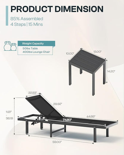 Lounge Chair Outdoor with Wheels, Aluminum Patio Chaise Lounge Chair with 5 Adjustable Backrest - Easy to Move- Pool Lounge Chairs for Deck, Beach, Poolside (Black)