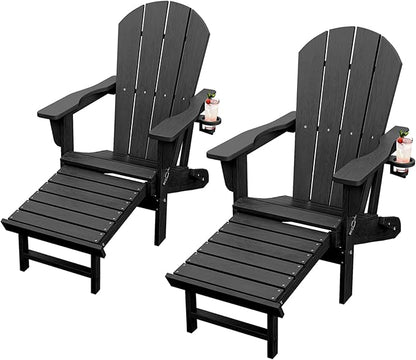 Folding Adirondack Chairs with Retractable Ottoman, HDPE Adirondack Chair with Cup Holder, All Weather Fire Pit Chair for Patio, Garden, Poolside (Two Chairs)