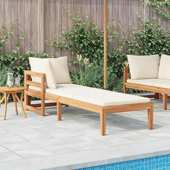 Acacia Wood Outdoor Chaise Lounge with Detachable Armrest Cream White 73" Patio Daybed Cushioned All Weather for Garden - Photo 1