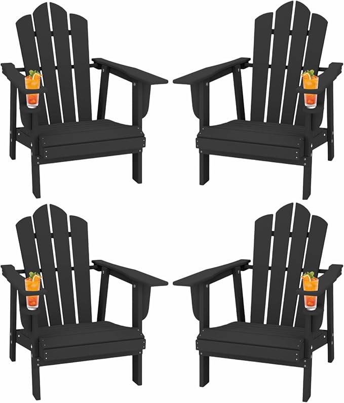 PROHIKER Adirondack Chair Set of 4, HDPE Outdoor Patio Chair with Cup Holder All Weather Outdoor Chairs for Lawn Garden Porch Backyard, Plastic, Black