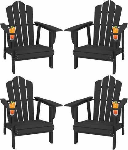 PROHIKER Adirondack Chair Set of 4, HDPE Outdoor Patio Chair with Cup Holder All Weather Outdoor Chairs for Lawn Garden Porch Backyard, Plastic, Black