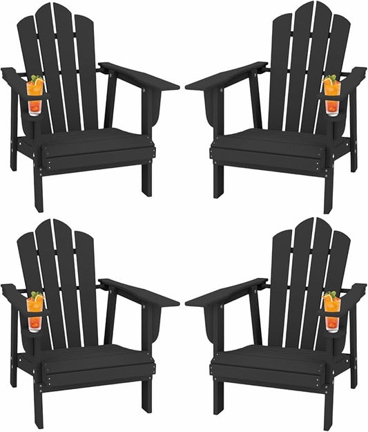 PROHIKER Adirondack Chair Set of 4, HDPE Outdoor Patio Chair with Cup Holder All Weather Outdoor Chairs for Lawn Garden Porch Backyard, Plastic, Black