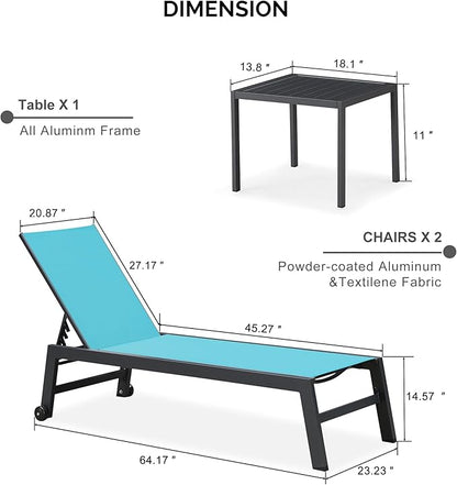 PURPLE LEAF Outdoor Patio Chaise Lounge Set 2 Pieces Pool Lounge Sunbathing Chairs with Wheels Chair for Yard (2 Turquoise Blue Lounges W/Side Table)