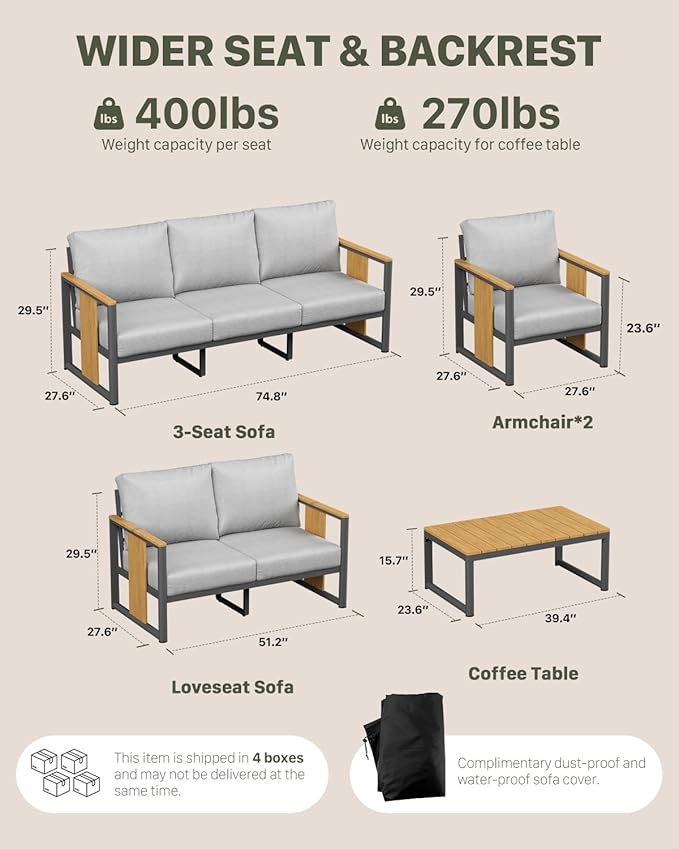 ZANDOR Outdoor Aluminum Patio Furniture Set 5 Piece Patio sectional Conversation Sets with Coffee Table and Chairs Lawn - Photo 8