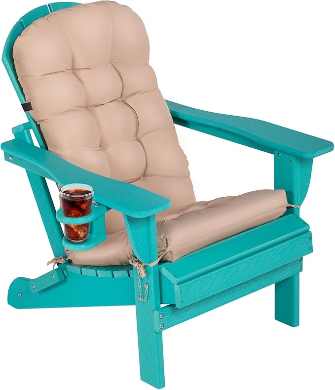 Adirondack Chair with Cushion & Cup Holder, HDPE Folding Adirondack Chair with Wood-Like Grain Outdoor Fire Pit Chairs for Patio/Porch/Swimming Pool/Camping (Aruba)