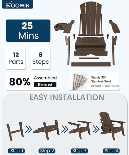 FOOWIN Folding Adjustable Adirondack Chair with Retractable Ottoman Set of 2, HDPE Adirondack Chair w/4 in 1 Cup Holder Trays,All-Weather Resistant Fire Pit Chair for Outdoor Patio Lawn, Coffee