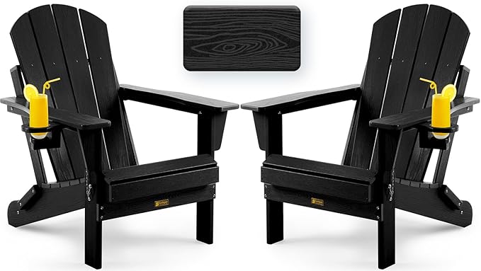 Folding Adirondack Chair, Patio Chair Wood Texture, Outdoor Chair Weather Resistant, Fire Pit Chair with Cup Holder, Composite Adirondack Chair Set of 2 (Black)