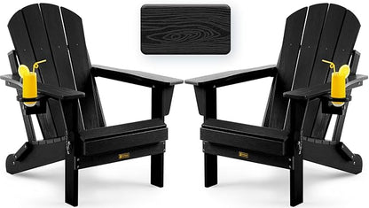 Folding Adirondack Chair, Patio Chair Wood Texture, Outdoor Chair Weather Resistant, Fire Pit Chair with Cup Holder, Composite Adirondack Chair Set of 2 (Black)