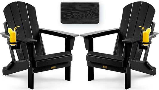Folding Adirondack Chair, Patio Chair Wood Texture, Outdoor Chair Weather Resistant, Fire Pit Chair with Cup Holder, Composite Adirondack Chair Set of 2 (Black)