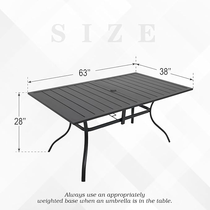 Patio Dining Table for 6 Person, Outdoor Metal 63x38 Inch Rectangle Table with 1.57" Umbrella Hole for Garden Lawn Backyard Poolside Parties, Black