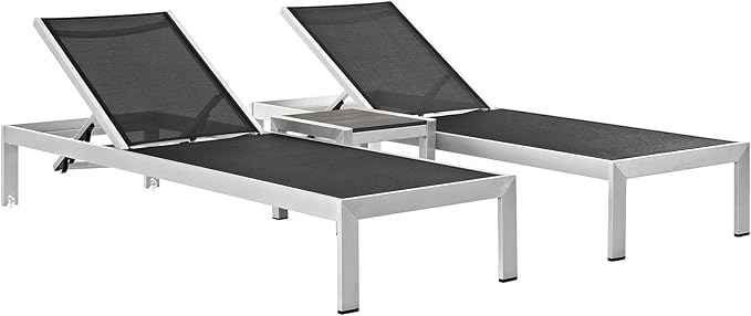 Modway Shore Aluminum Textilene® Mesh Outdoor Patio 3-Piece Poolside Chaise Lounge Chair and Side End Table Set in Silver Black