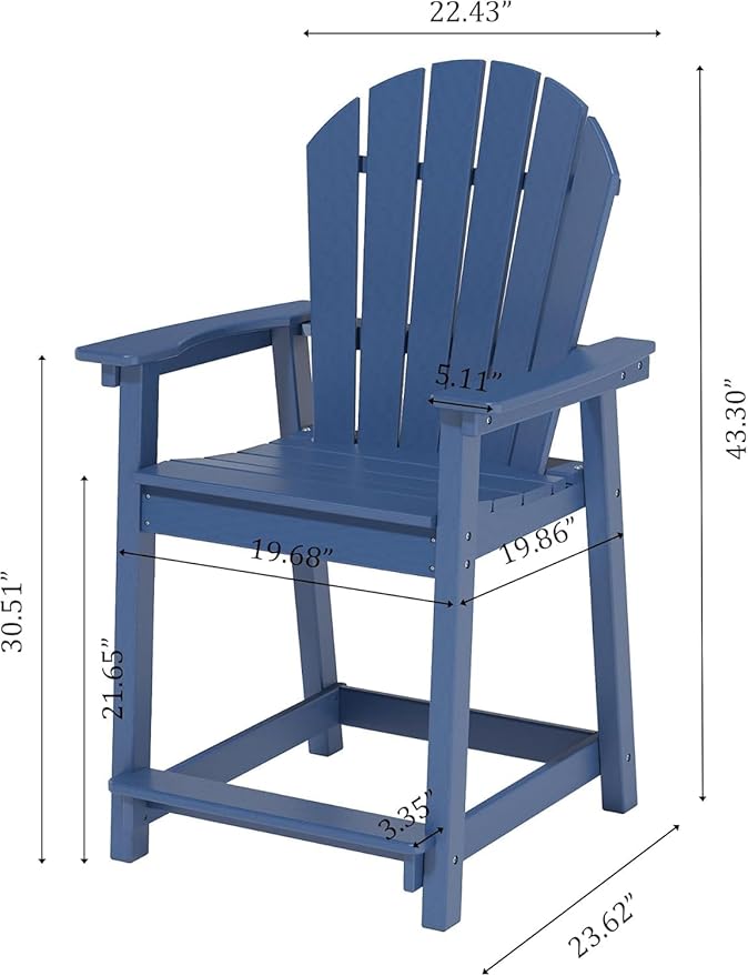 Tall Adirondack Chairs Set of 2, Outdoor Bar Height Chair for Patio, Heavy-Duty Tall Adirondack Chair, Weatherproof HDPE Chairs for Deck, Poolside, Navy Blue